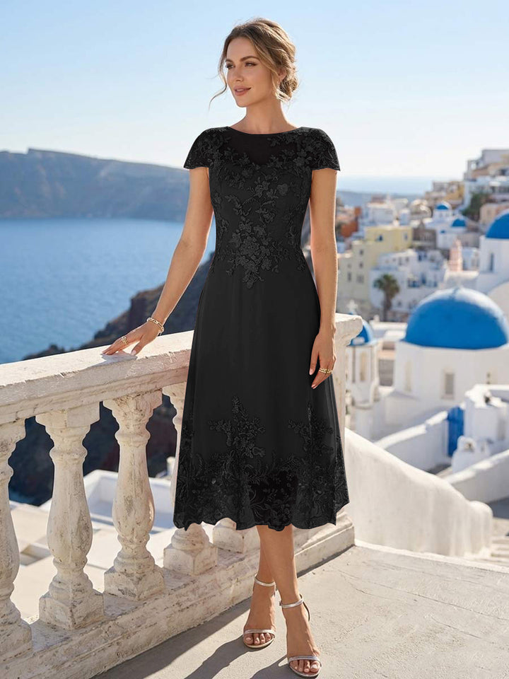 A-Line/Princess Scoop Cap Sleeves Tea-Length Mother of the Bride Dresses with Applique &amp; Sequins
