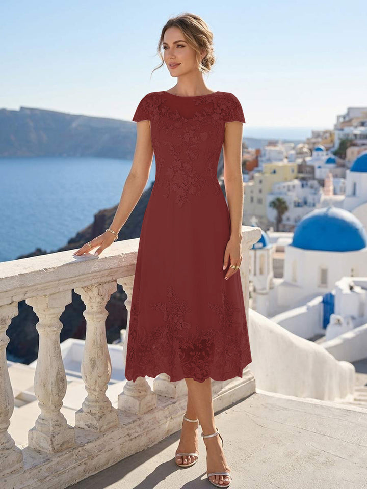 A-Line/Princess Scoop Cap Sleeves Tea-Length Mother of the Bride Dresses with Applique &amp; Sequins