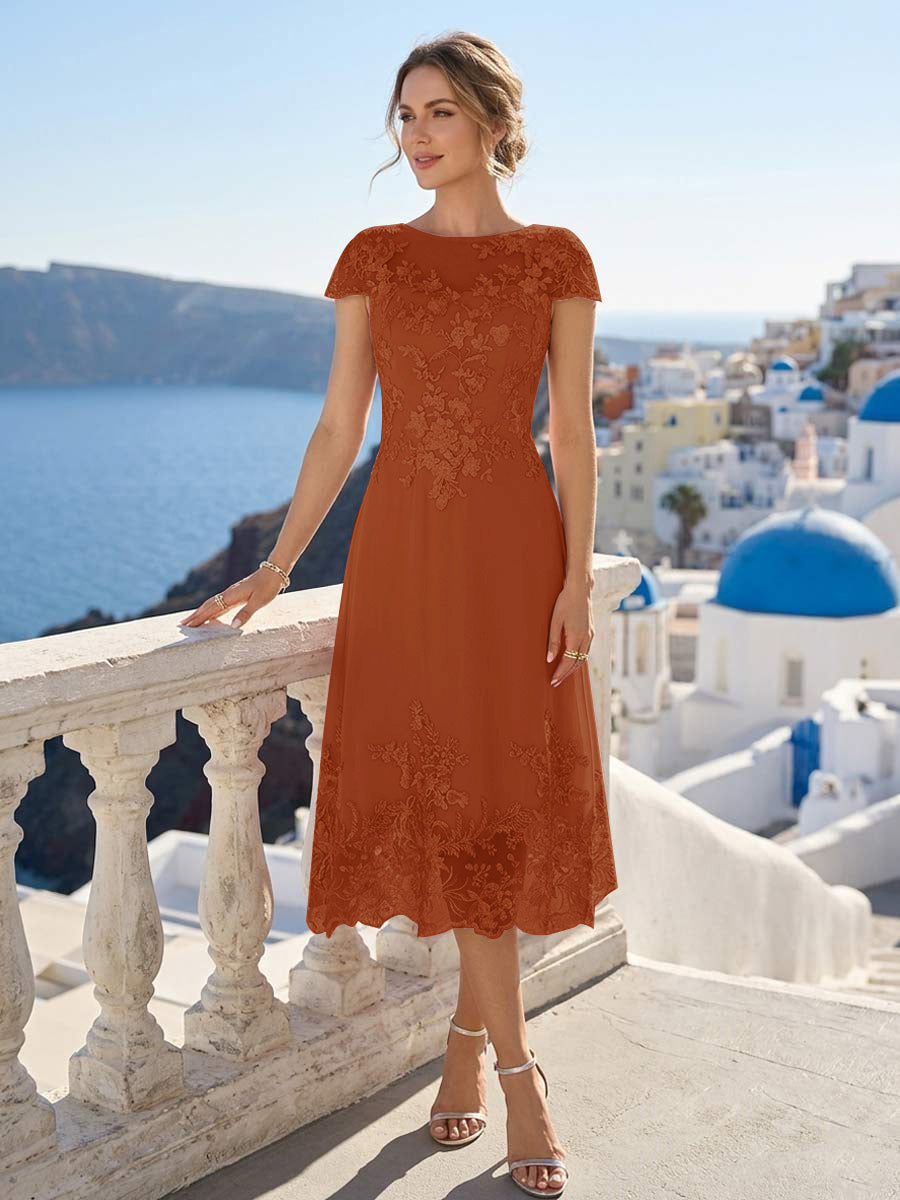 Lavetir A-Line/Princess Scoop Cap Sleeves Tea-Length Mother of the Bride Dresses with Applique & Sequins 2026