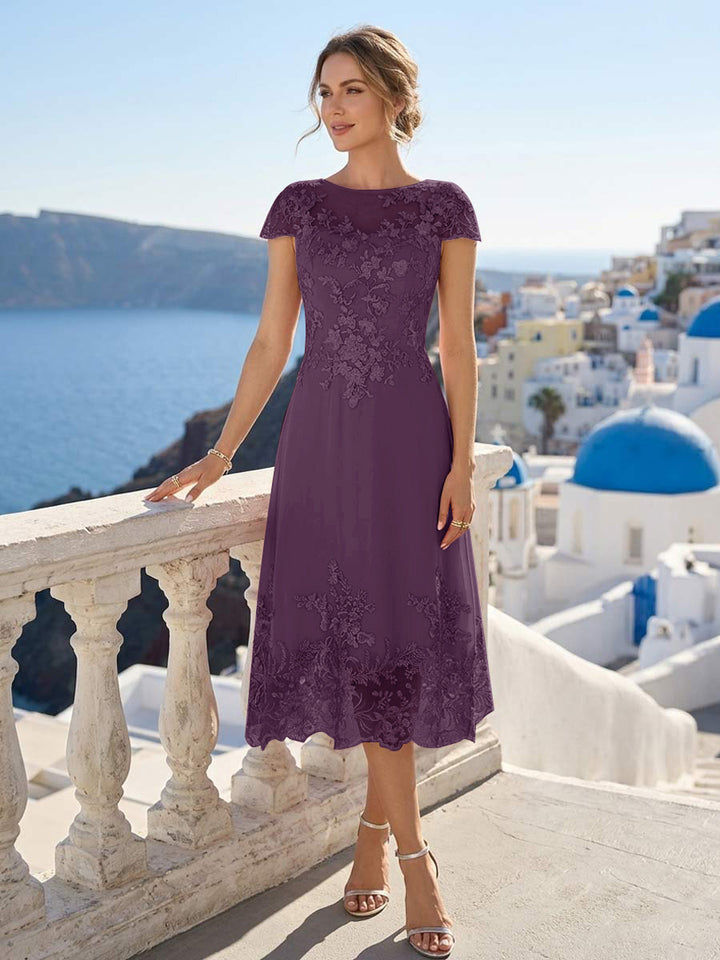 A-Line/Princess Scoop Cap Sleeves Tea-Length Mother of the Bride Dresses with Applique &amp; Sequins