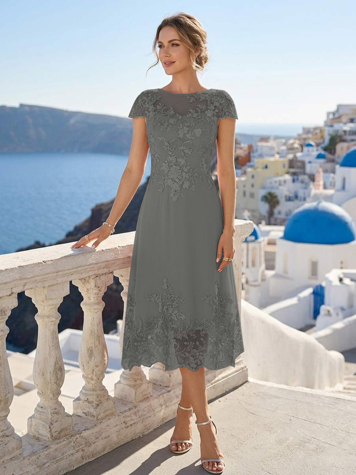 A-Line/Princess Scoop Cap Sleeves Tea-Length Mother of the Bride Dresses with Applique &amp; Sequins