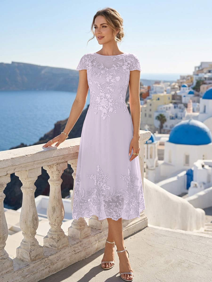 A-Line/Princess Scoop Cap Sleeves Tea-Length Mother of the Bride Dresses with Applique &amp; Sequins
