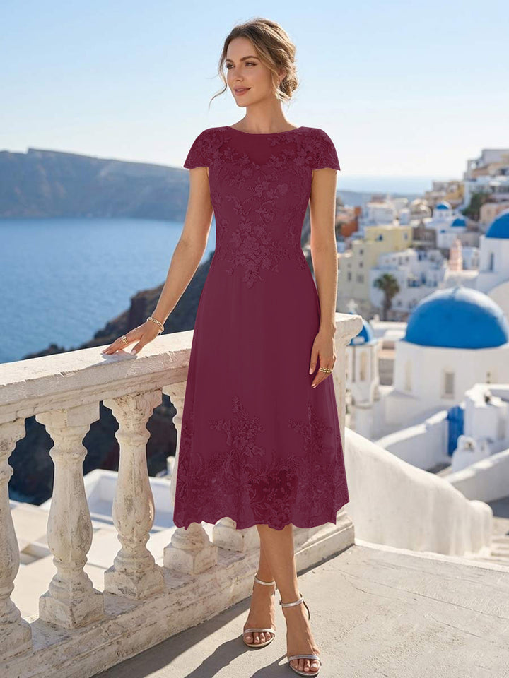 A-Line/Princess Scoop Cap Sleeves Tea-Length Mother of the Bride Dresses with Applique &amp; Sequins