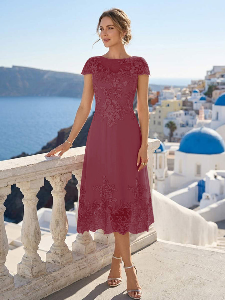 A-Line/Princess Scoop Cap Sleeves Tea-Length Mother of the Bride Dresses with Applique &amp; Sequins