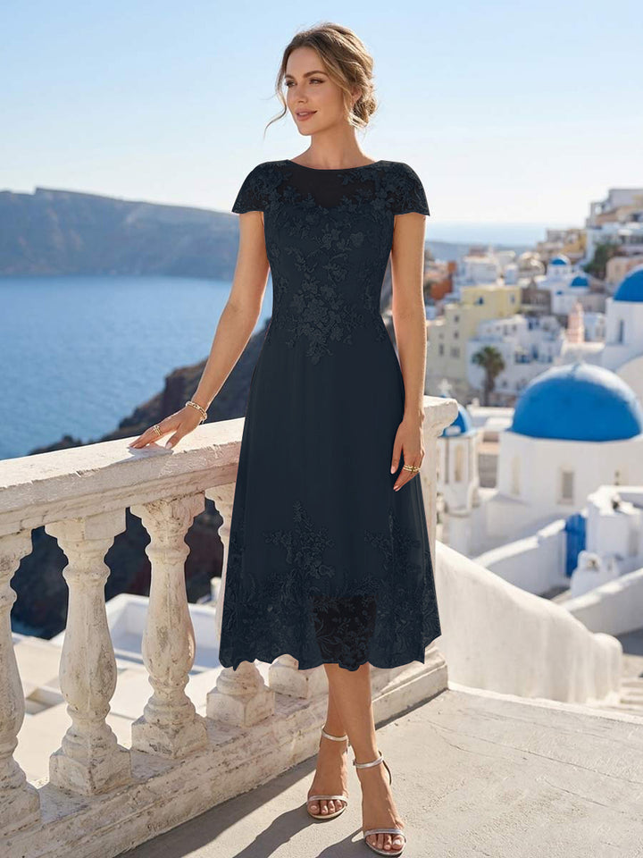 A-Line/Princess Scoop Cap Sleeves Tea-Length Mother of the Bride Dresses with Applique &amp; Sequins