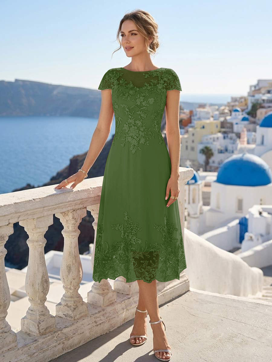 A-Line/Princess Scoop Cap Sleeves Tea-Length Mother of the Bride Dresses with Applique &amp; Sequins