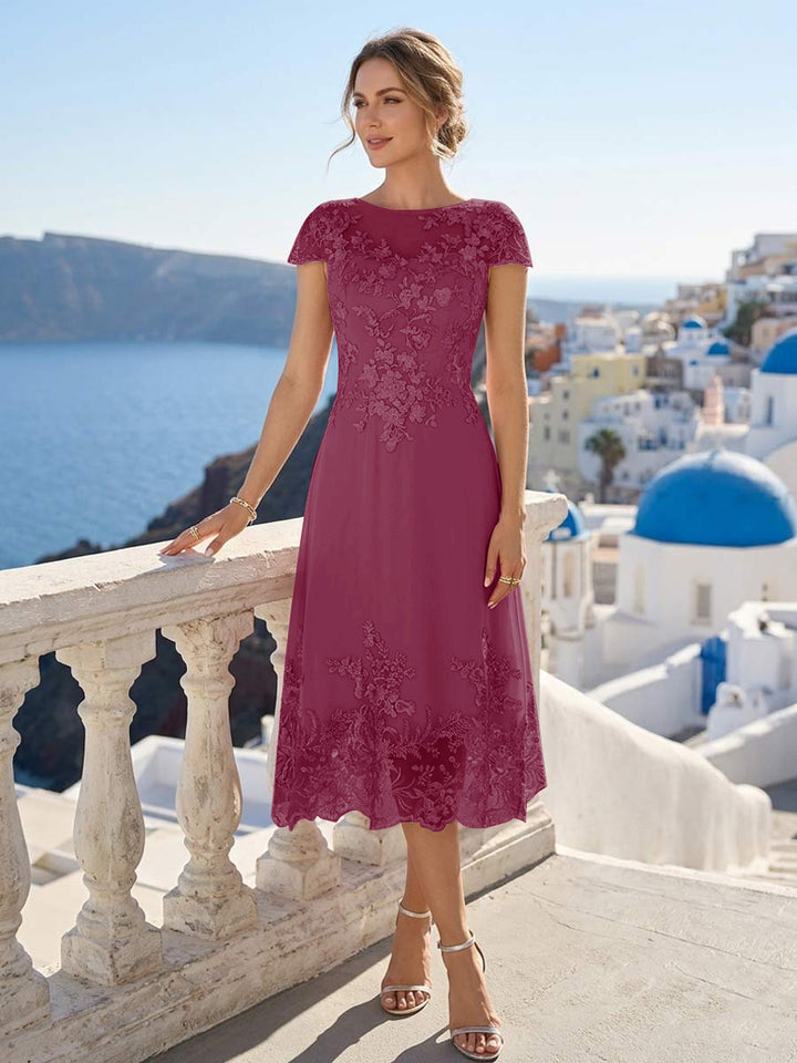 A-Line/Princess Scoop Cap Sleeves Tea-Length Mother of the Bride Dresses with Applique &amp; Sequins