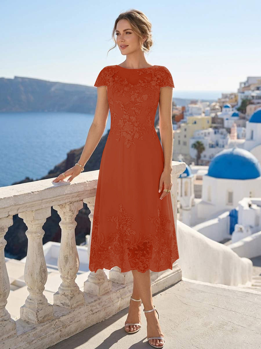 A-Line/Princess Scoop Cap Sleeves Tea-Length Mother of the Bride Dresses with Applique &amp; Sequins