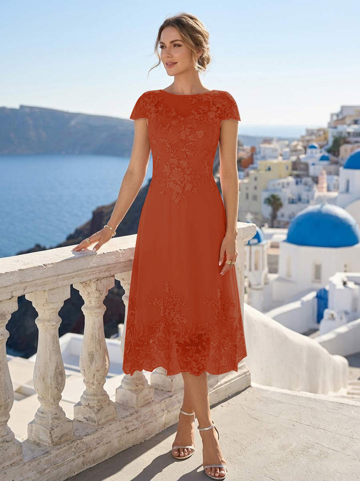 A-Line/Princess Scoop Cap Sleeves Tea-Length Mother of the Bride Dresses with Applique &amp; Sequins
