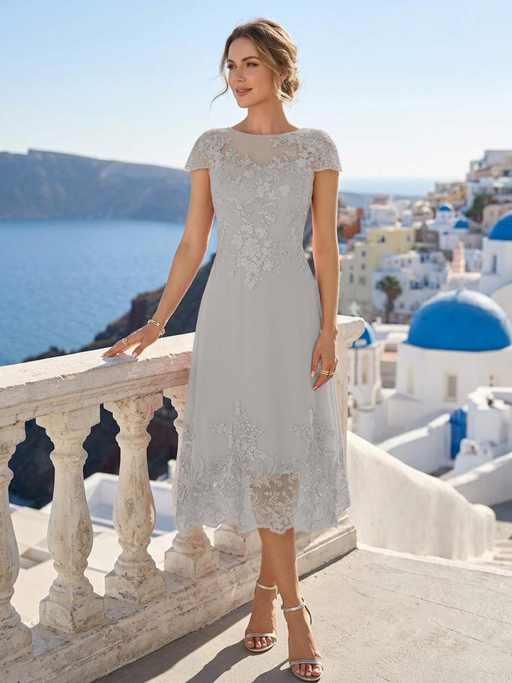 A-Line/Princess Scoop Cap Sleeves Tea-Length Mother of the Bride Dresses with Applique &amp; Sequins