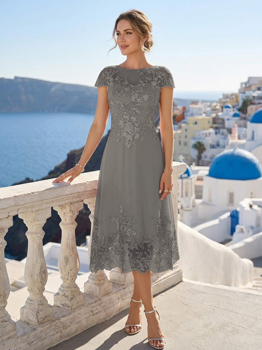 A-Line/Princess Scoop Cap Sleeves Tea-Length Mother of the Bride Dresses with Applique &amp; Sequins