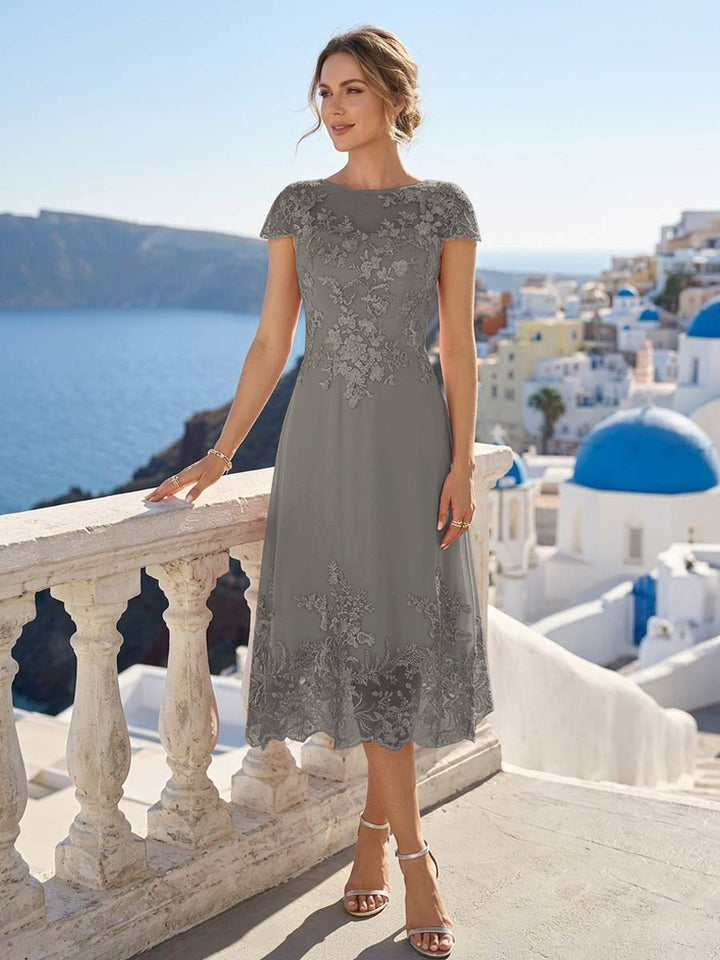 A-Line/Princess Scoop Cap Sleeves Tea-Length Mother of the Bride Dresses with Applique &amp; Sequins