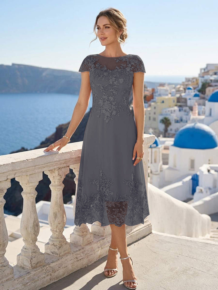 A-Line/Princess Scoop Cap Sleeves Tea-Length Mother of the Bride Dresses with Applique &amp; Sequins