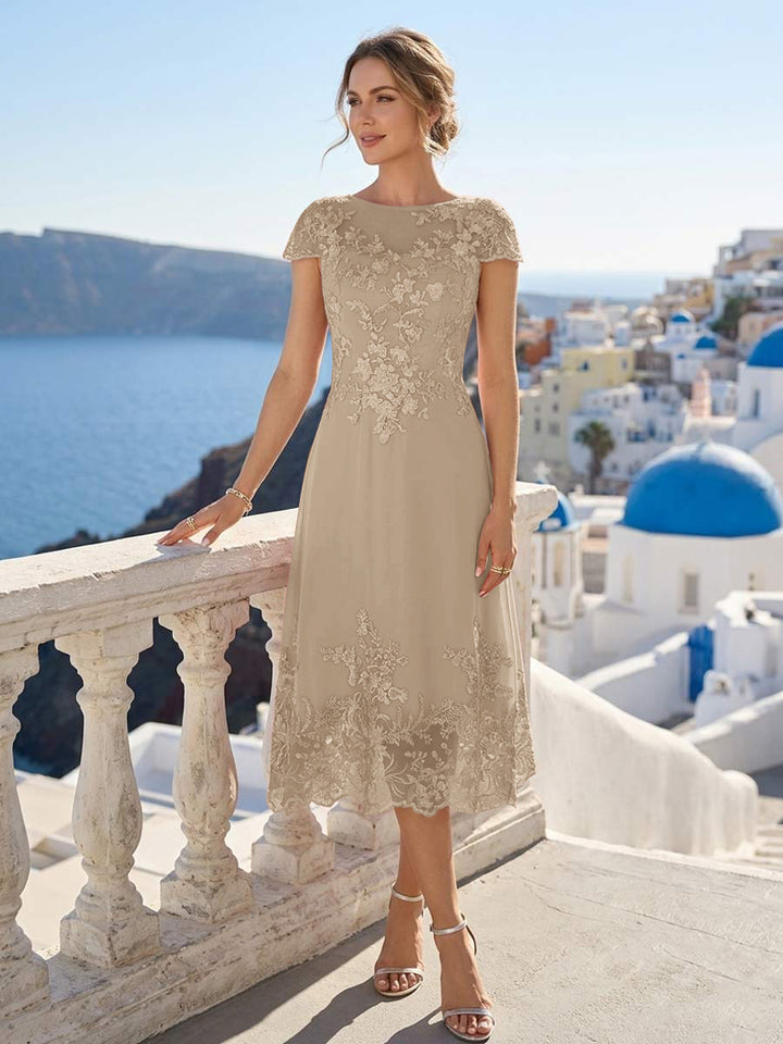 A-Line/Princess Scoop Cap Sleeves Tea-Length Mother of the Bride Dresses with Applique &amp; Sequins