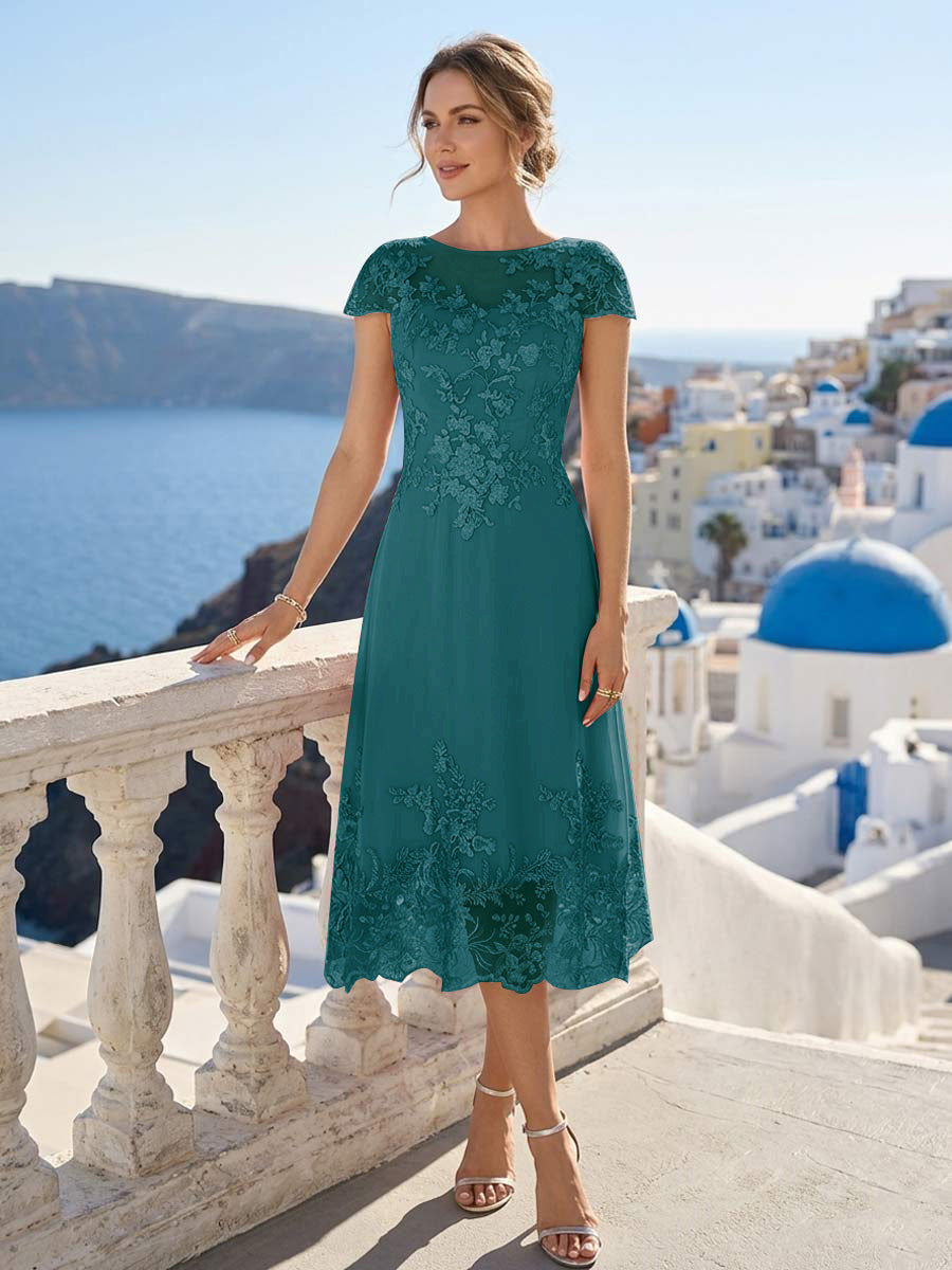 A-Line/Princess Scoop Cap Sleeves Tea-Length Mother of the Bride Dresses with Applique &amp; Sequins