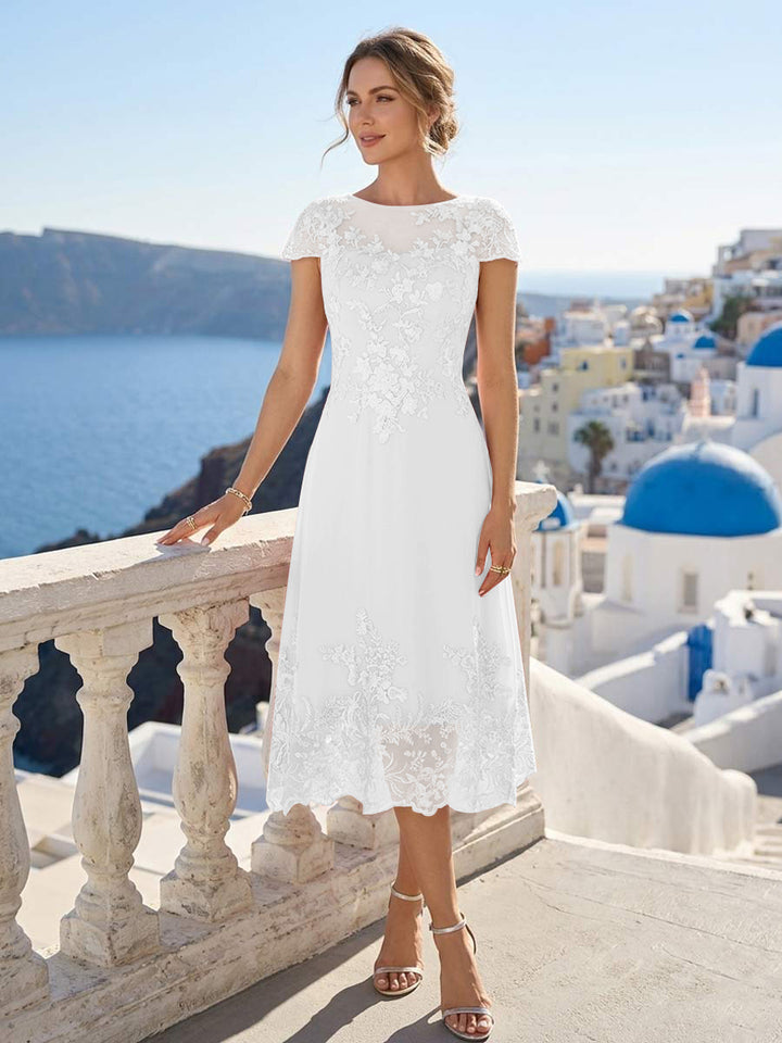 A-Line/Princess Scoop Cap Sleeves Tea-Length Mother of the Bride Dresses with Applique &amp; Sequins