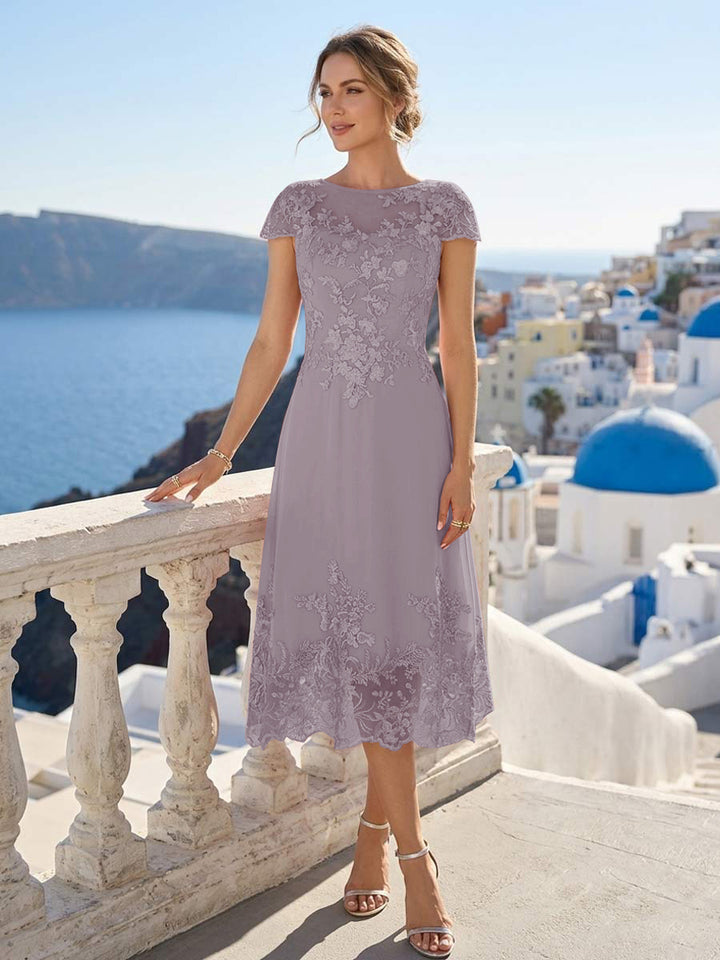 A-Line/Princess Scoop Cap Sleeves Tea-Length Mother of the Bride Dresses with Applique &amp; Sequins