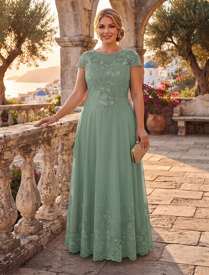 A-Line/Princess Scoop Cap Sleeves Chiffon Floor-Length Plus Size Mother of the Bride Dresses with Applique &amp; Sequins