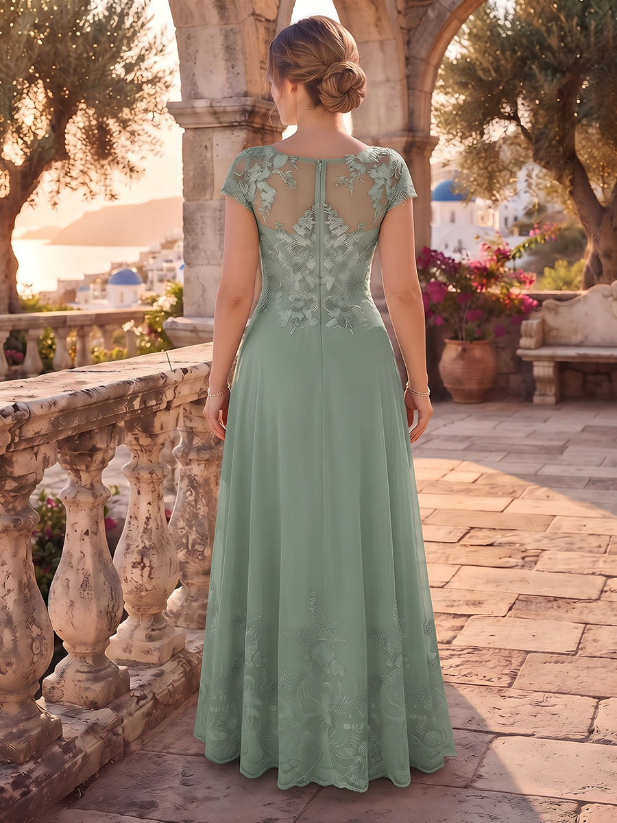 A-Line/Princess Scoop Cap Sleeves Chiffon Floor-Length Plus Size Mother of the Bride Dresses with Applique &amp; Sequins