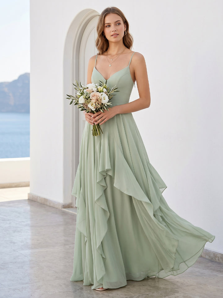 A-Line/Princess Spaghetti Straps Sleeveless Floor-Length Long Bridesmaid Dresses with Ruffles