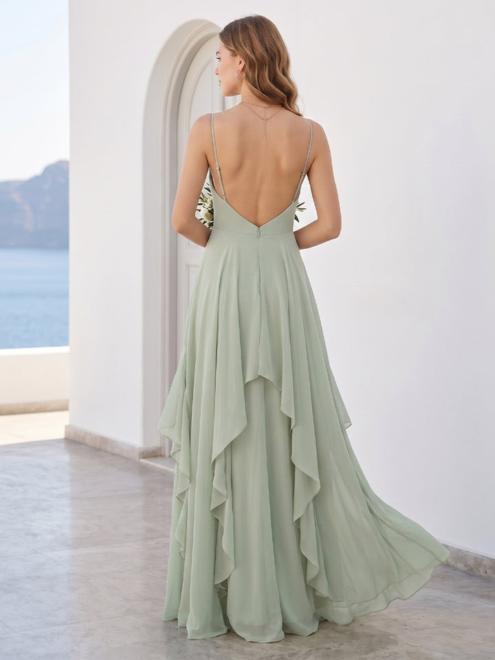 A-Line/Princess Spaghetti Straps Sleeveless Floor-Length Long Bridesmaid Dresses with Ruffles