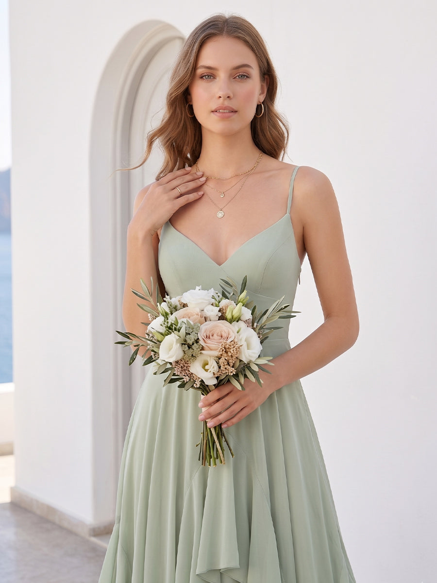 A-Line/Princess Spaghetti Straps Sleeveless Floor-Length Long Bridesmaid Dresses with Ruffles