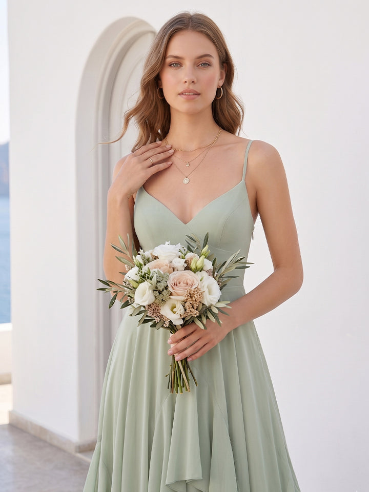 A-Line/Princess Spaghetti Straps Sleeveless Floor-Length Long Bridesmaid Dresses with Ruffles