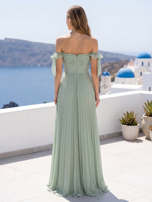 A-Line/Princess Off-the-Shoulder Floor-Length Bridesmaid Dresses with Ruffles & Pleats