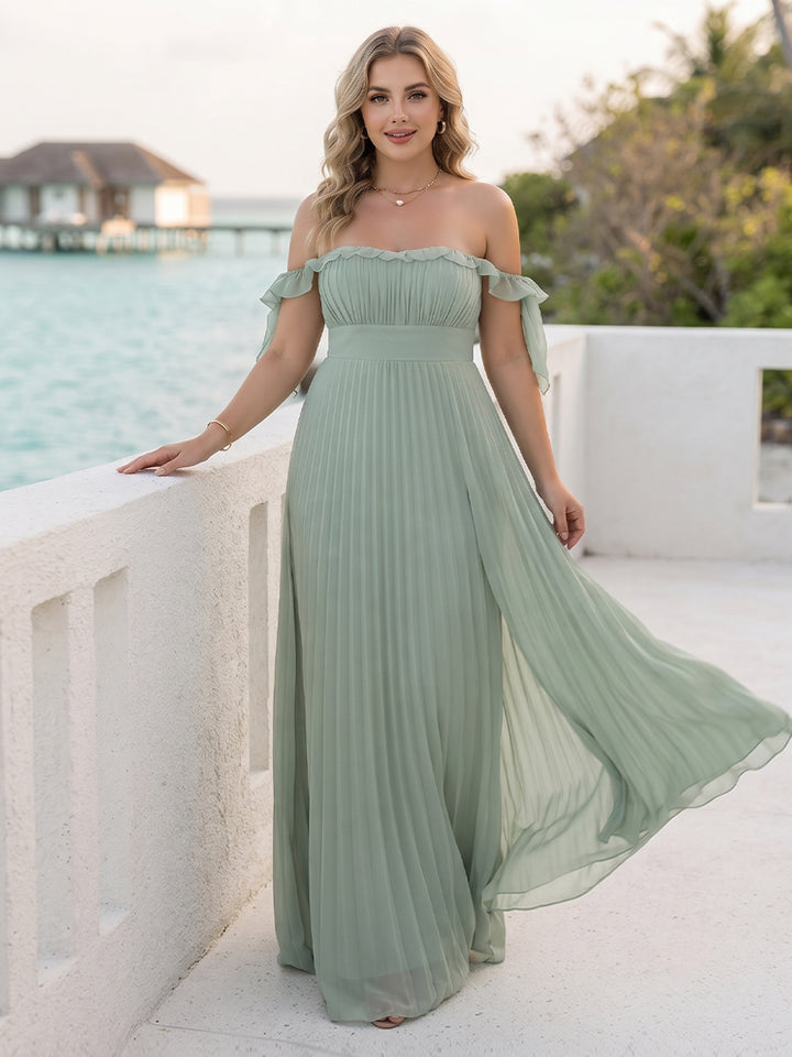 A-Line/Princess Off-the-Shoulder Floor-Length Plus Size Bridesmaid Dresses with Ruffles &amp; Pleats