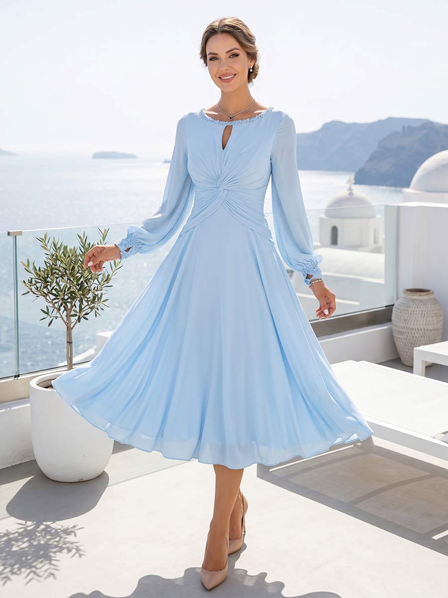 A-Line/Princess Long Sleeves Scoop Knee-Length Mother of the Bride Dresses with Ruched &amp; Keyhole