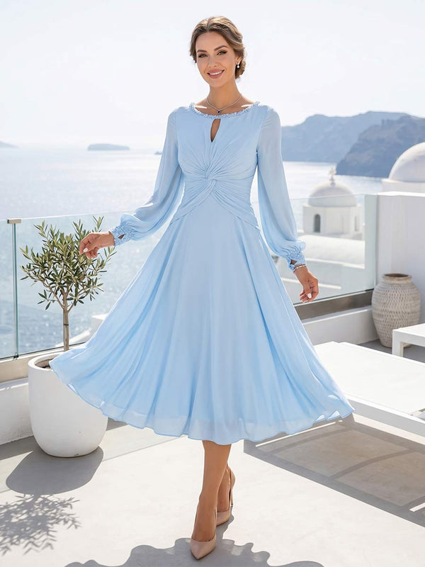 A-Line/Princess Long Sleeves Scoop Knee-Length Mother of the Bride Dresses with Ruched & Keyhole