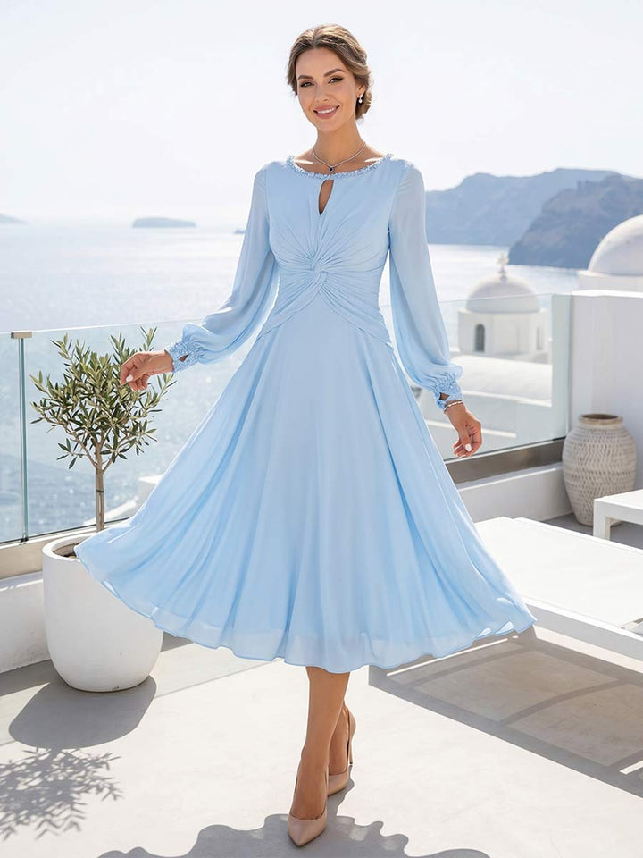A-Line/Princess Long Sleeves Scoop Knee-Length Mother of the Bride Dresses with Ruched &amp; Keyhole
