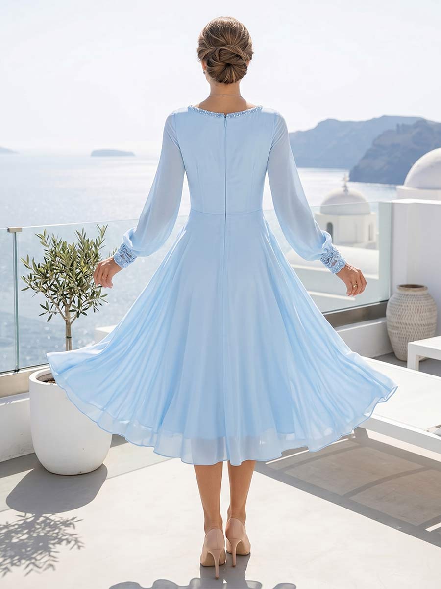A-Line/Princess Long Sleeves Scoop Knee-Length Mother of the Bride Dresses with Ruched &amp; Keyhole