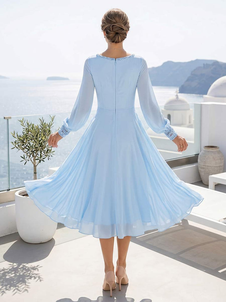 A-Line/Princess Long Sleeves Scoop Knee-Length Mother of the Bride Dresses with Ruched &amp; Keyhole