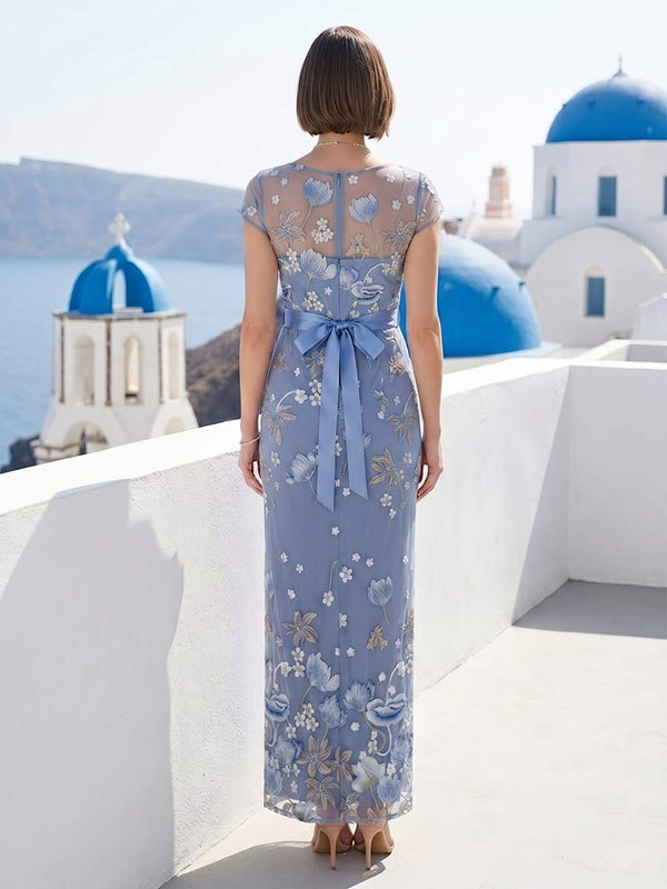 Sheath/Column Boat Neck Short Sleeves Ankle-Length Mother of the Bride Dresses with Embroidery & Bowknot