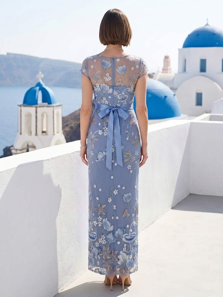 Sheath/Column Boat Neck Short Sleeves Ankle-Length Mother of the Bride Dresses with Embroidery &amp; Bowknot