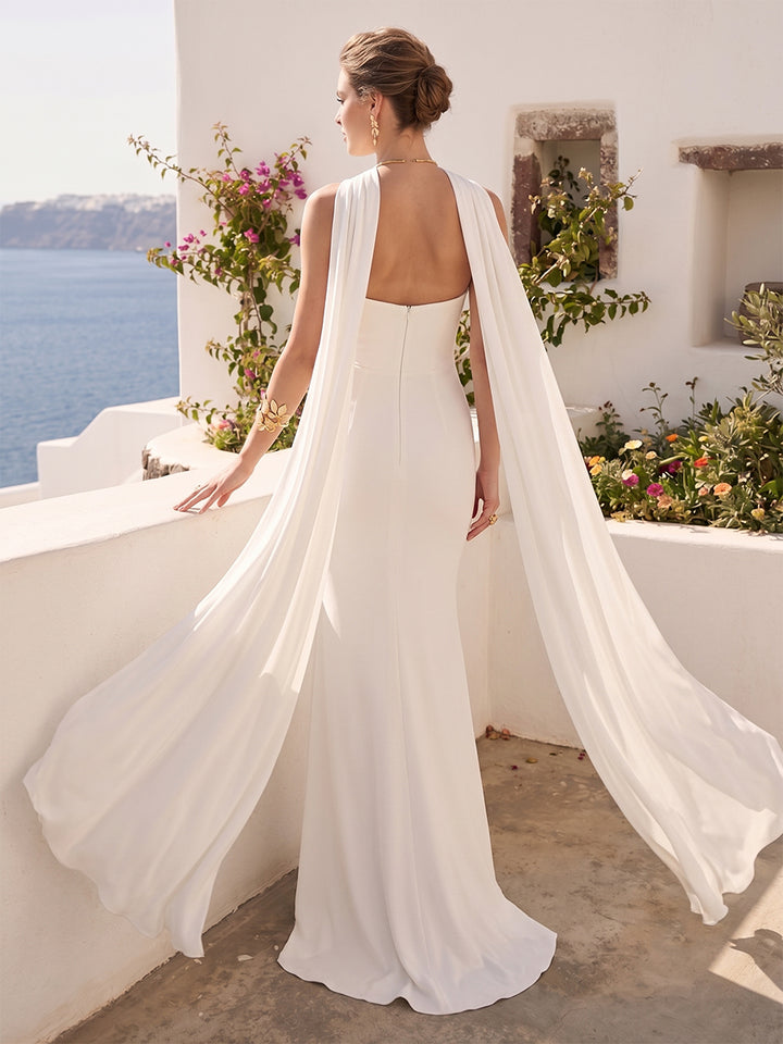 Sheath/Column Halter Sleeveless Floor-Length Formal Dresses with Keyhole &amp; Scarf