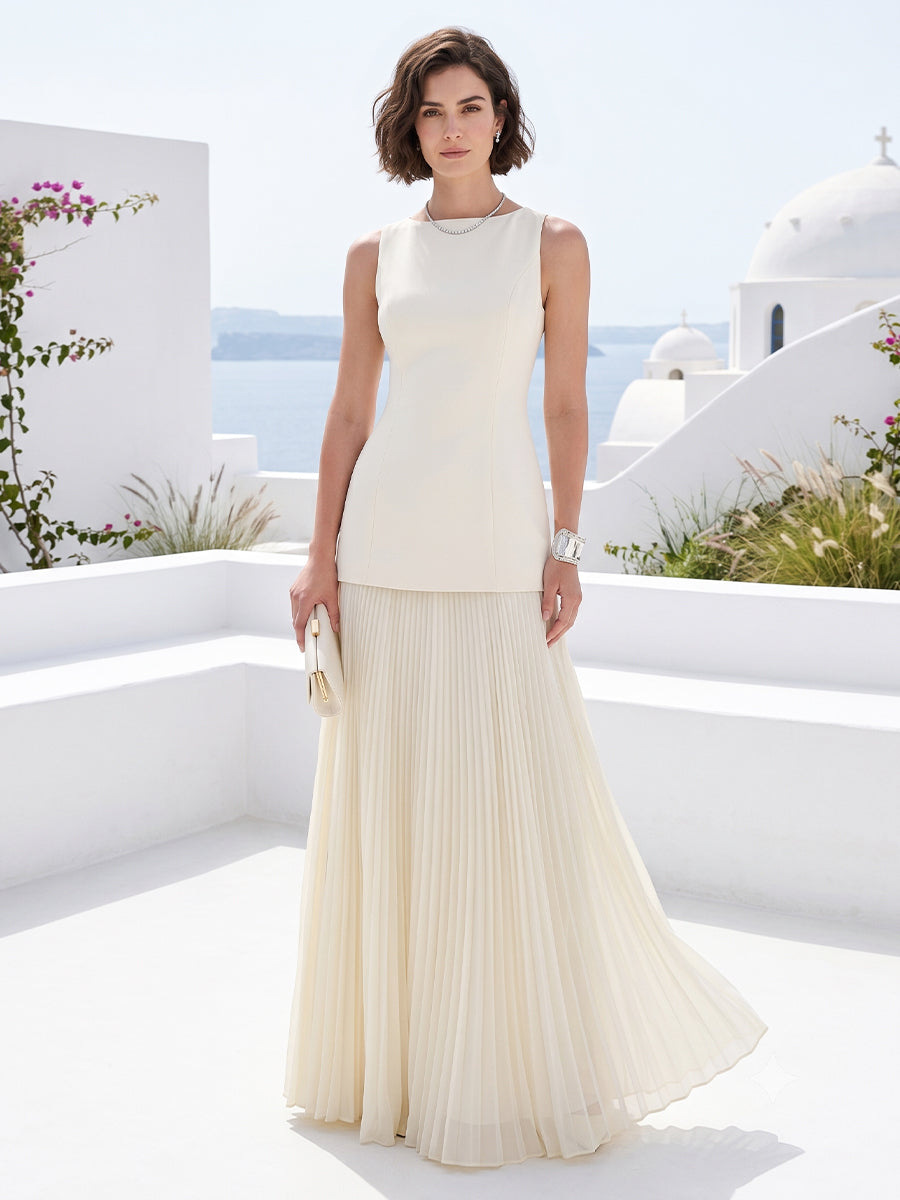 A-Line/Princess Boat-Neck Sleeveless Floor-Length Formal Dresses With Pleats