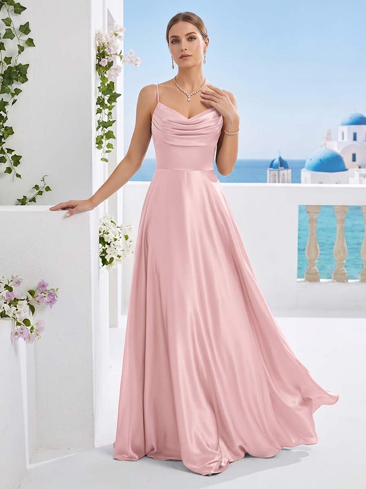 A-Line/Princess Spaghetti Straps Sleeveless Floor-Length Long Bridesmaid Dresses with Pleats