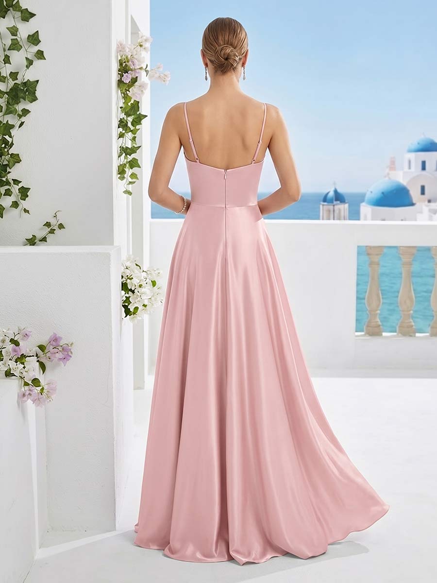 A-Line/Princess Spaghetti Straps Sleeveless Floor-Length Long Bridesmaid Dresses with Pleats