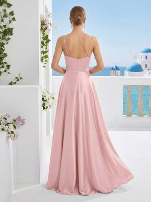 A-Line/Princess Spaghetti Straps Sleeveless Floor-Length Long Bridesmaid Dresses with Pleats