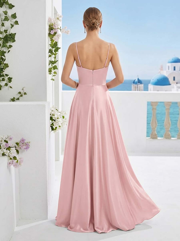 A-Line/Princess Spaghetti Straps Sleeveless Floor-Length Long Bridesmaid Dresses with Pleats
