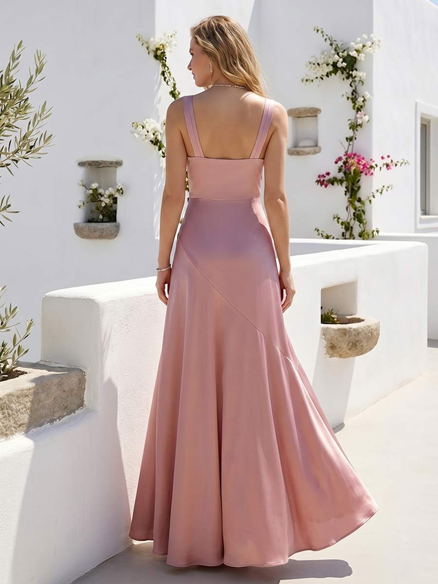 A-Line/Princess V-Neck Sleeveless Floor-Length Bridesmaid Dresses With Ruffles &amp; Split Side