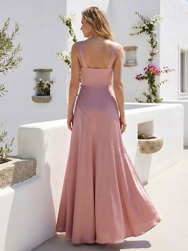A-Line/Princess V-Neck Sleeveless Floor-Length Bridesmaid Dresses With Ruffles &amp; Split Side