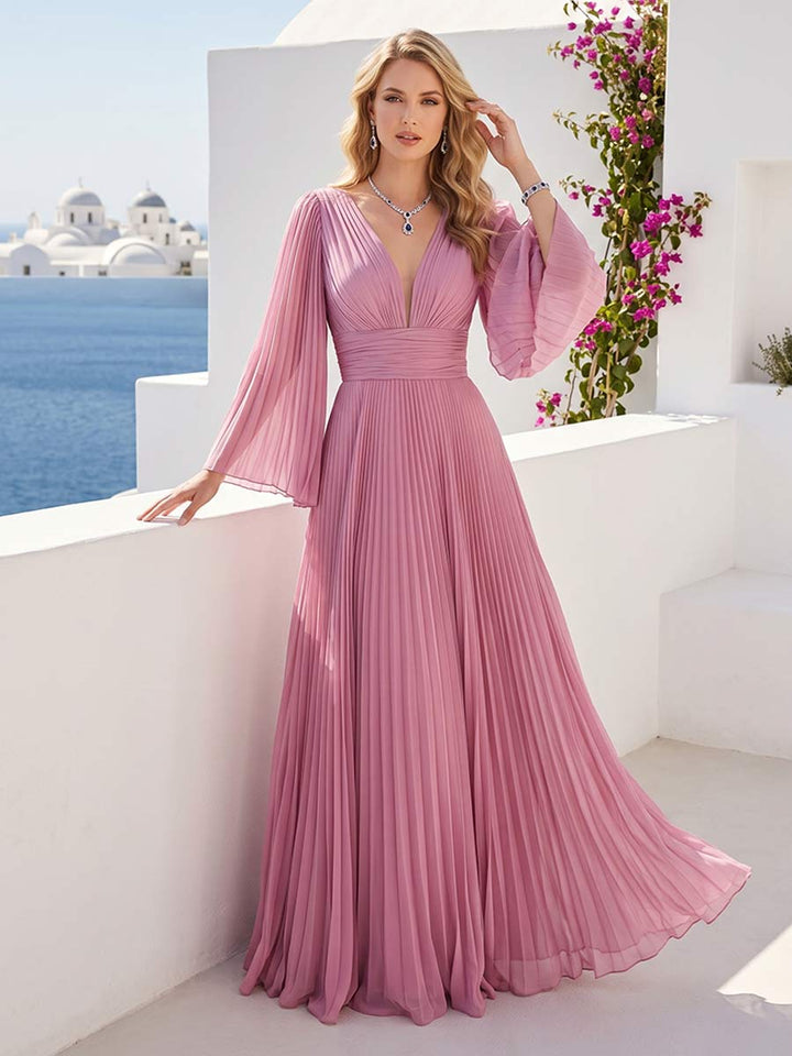 A-Line/Princess Long Sleeves V-Neck Floor Length Bridesmaid Dresses with Pleats