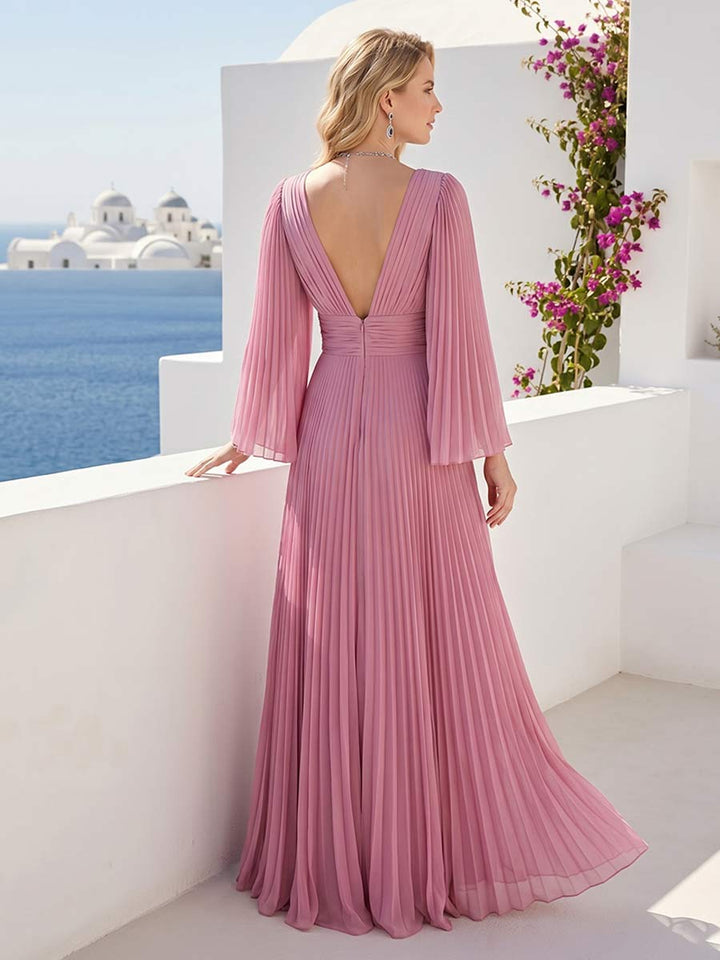 A-Line/Princess Long Sleeves V-Neck Floor Length Bridesmaid Dresses with Pleats