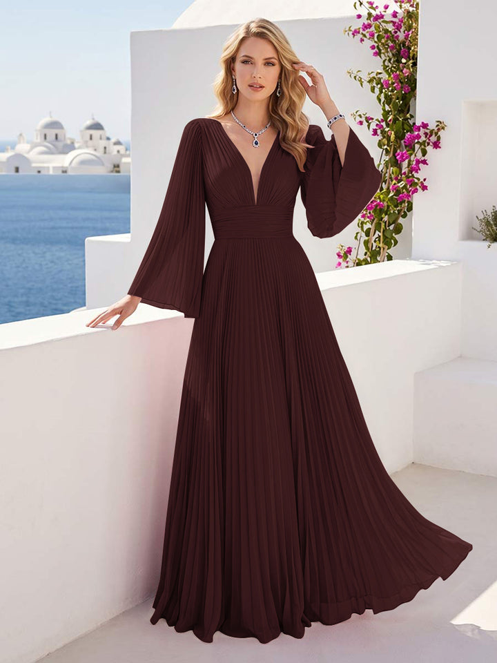 A-Line/Princess Long Sleeves V-Neck Floor Length Bridesmaid Dresses with Pleats