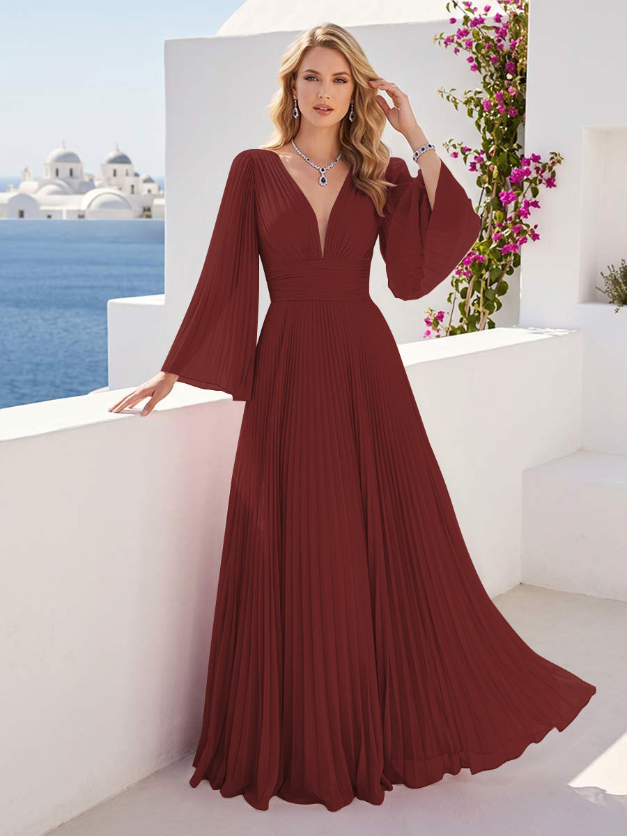 A-Line/Princess Long Sleeves V-Neck Floor Length Bridesmaid Dresses with Pleats