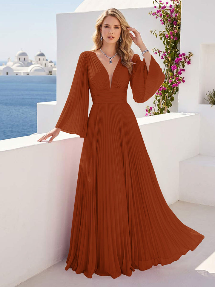A-Line/Princess Long Sleeves V-Neck Floor Length Bridesmaid Dresses with Pleats