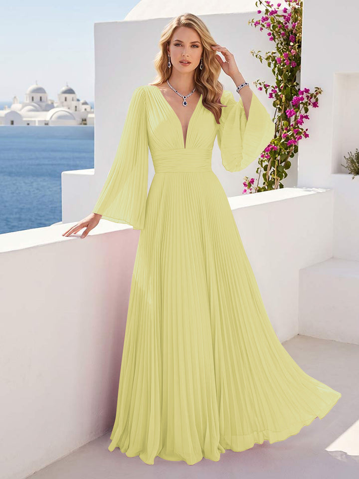 A-Line/Princess Long Sleeves V-Neck Floor Length Bridesmaid Dresses with Pleats